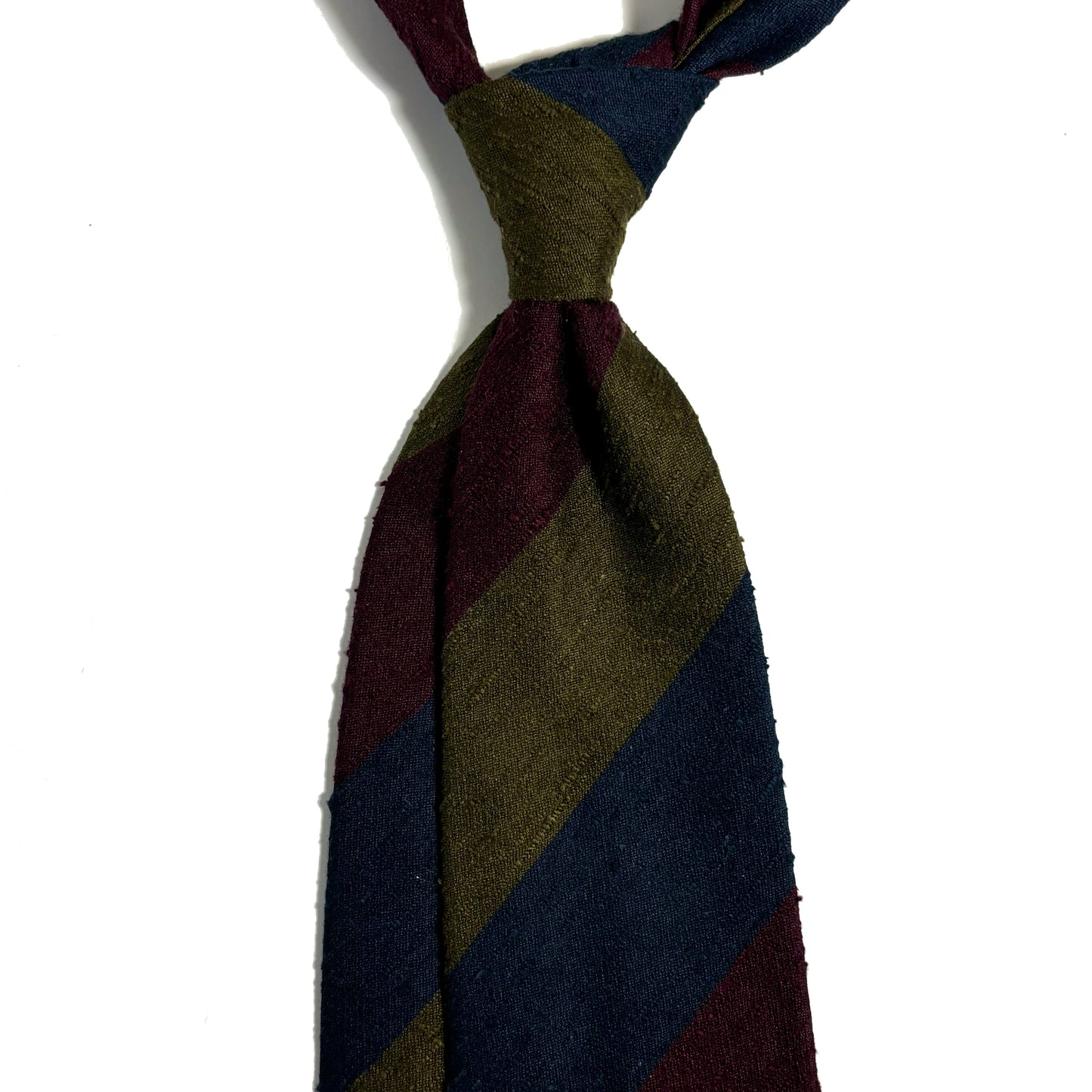 Untipped Navy Blue / Olive Green / Burgundy Block Stripe Silk Shantung Tie