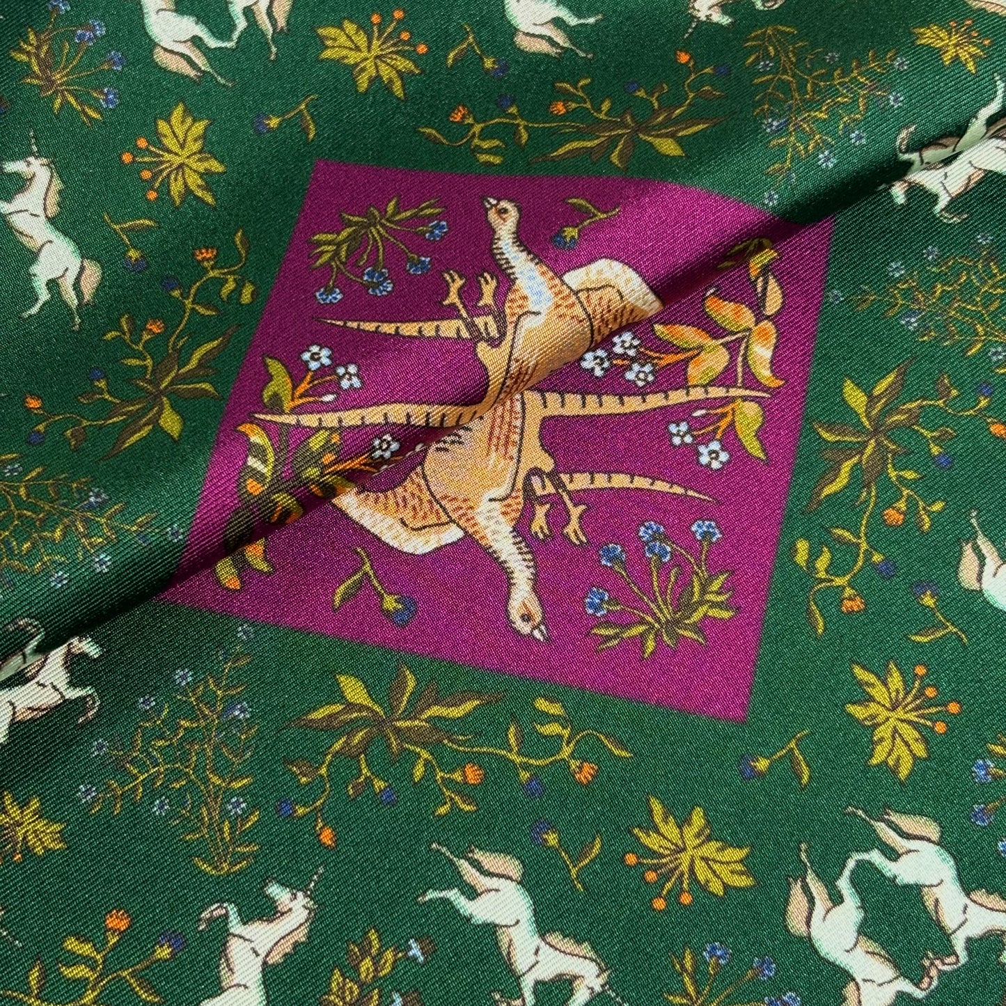 Forest Green & Purple Unicorn Motif Ancient Madder Silk Pocket Square