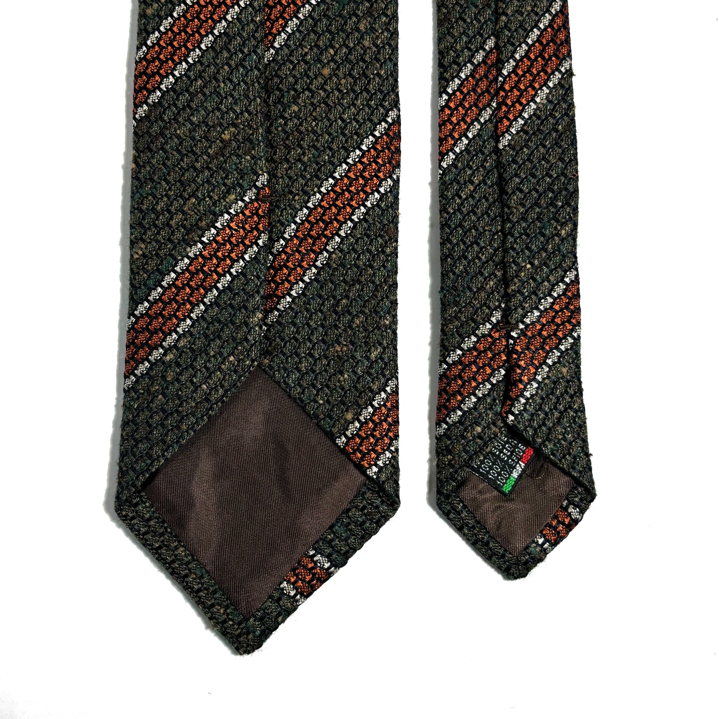 Earthy Green & Orange Striped Tussah Jaspe Silk Grenadine Tie (Garza Grossa)