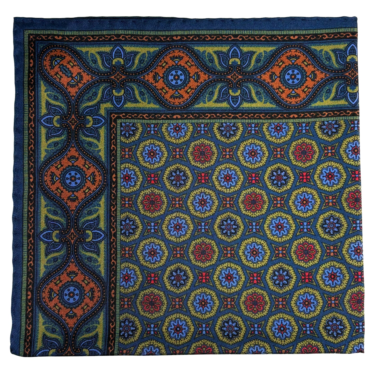 Olive Green & Navy Blue Geometric Ancient Madder Silk Pocket Square