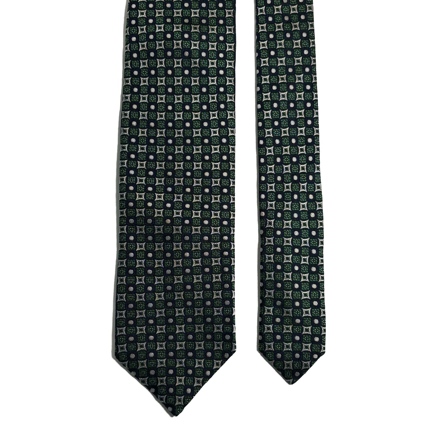 Navy Blue & Green Geometric Jacquard Silk Tie