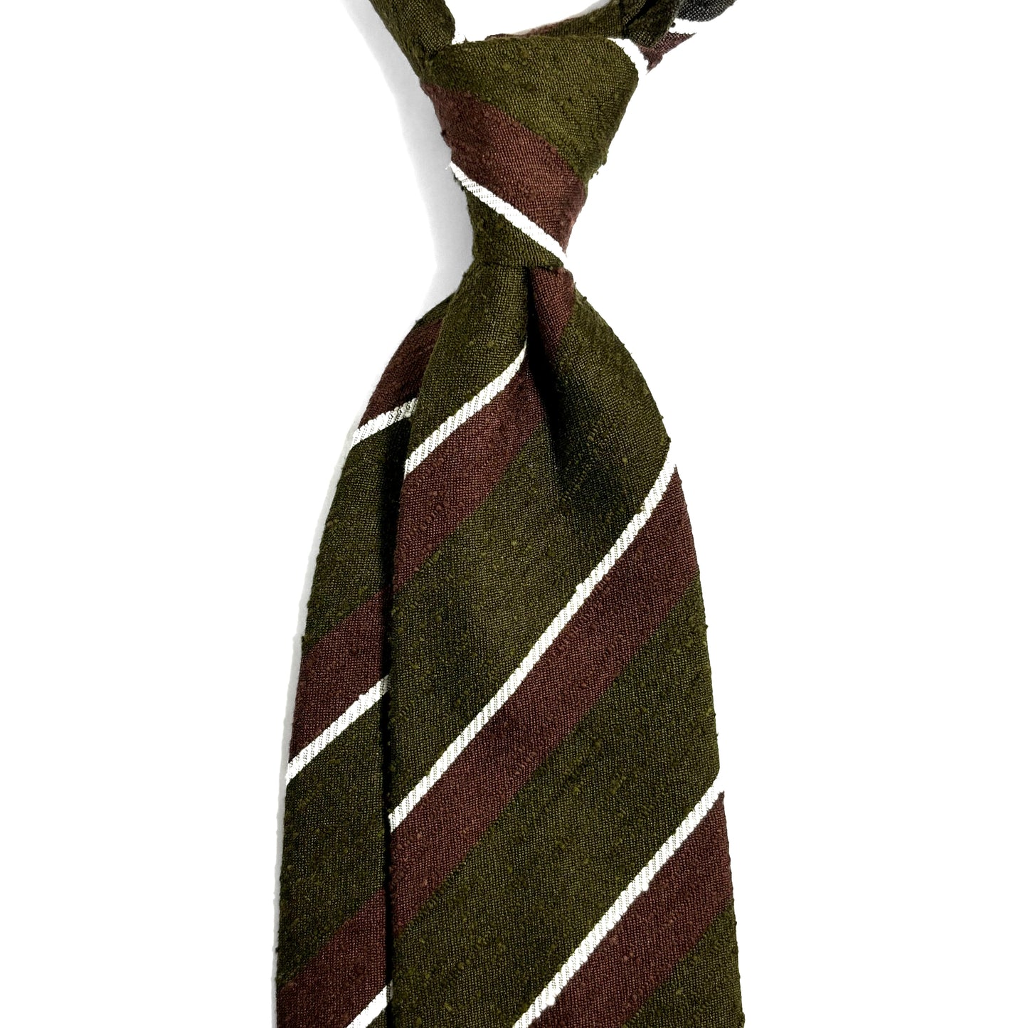 Untipped Olive Green / Brown Striped Silk Shantung Tie