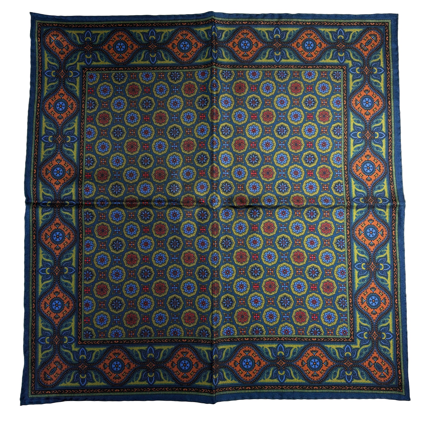 Olive Green & Navy Blue Geometric Ancient Madder Silk Pocket Square