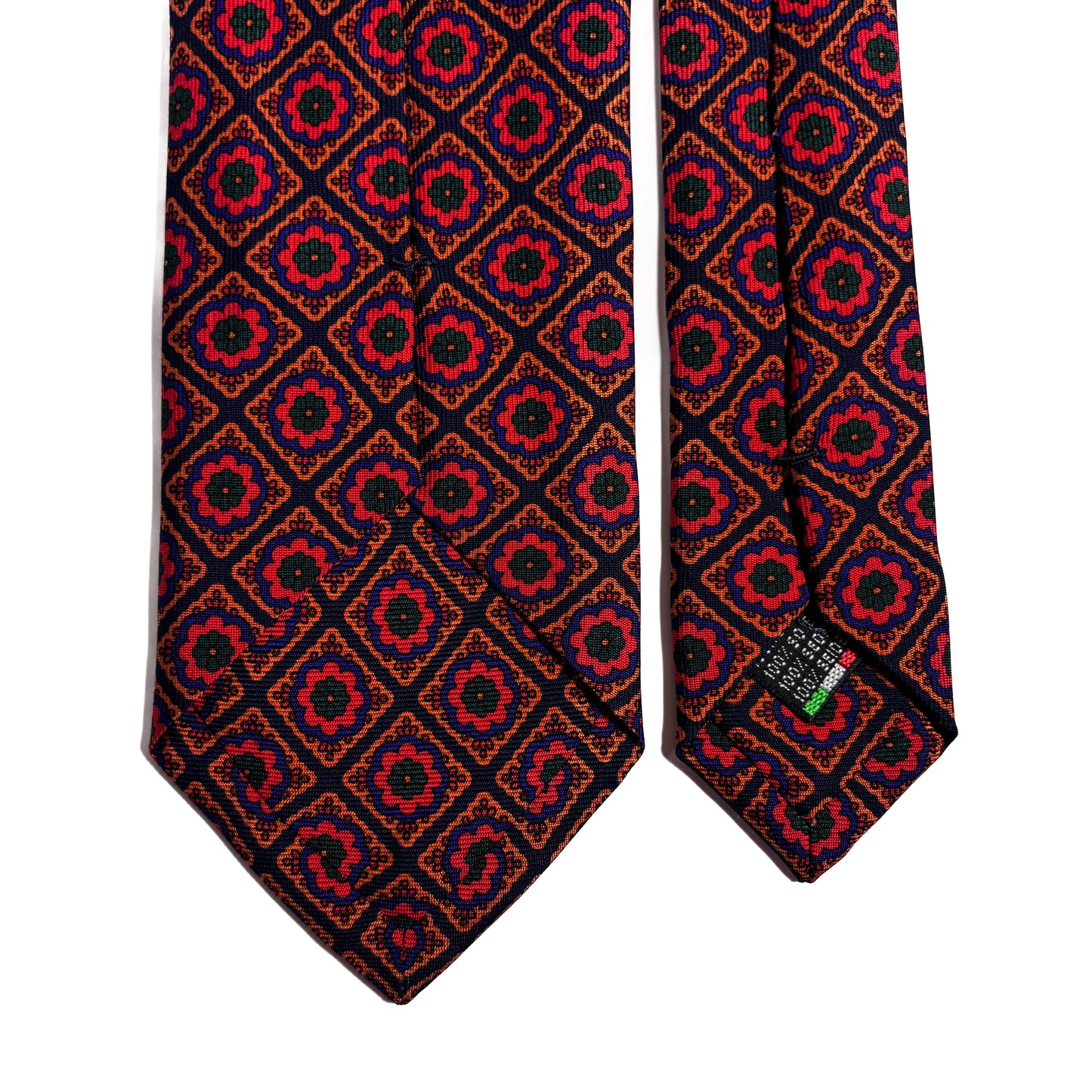 Hand-Printed Navy Blue & Red Geometric Floral Ancient Madder Silk Tie