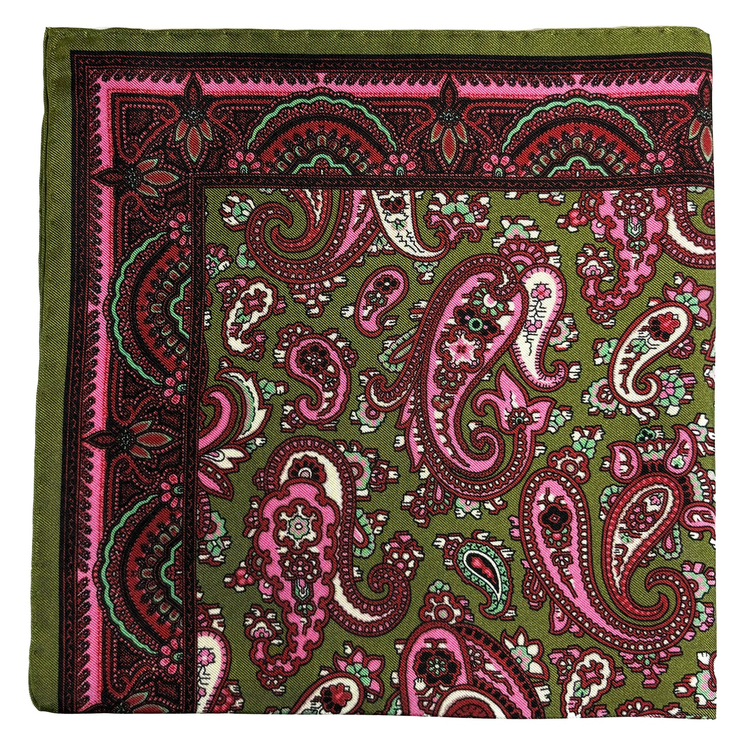 Olive Green & Pink Paisley Ancient Madder Silk Pocket Square