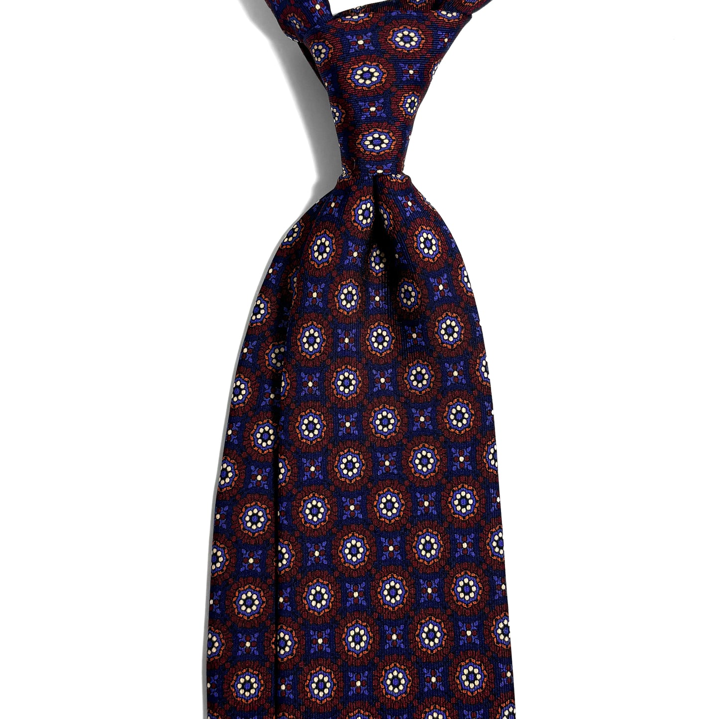 Hand-Printed Navy Blue & Burgundy Geometric Ancient Madder Silk Tie