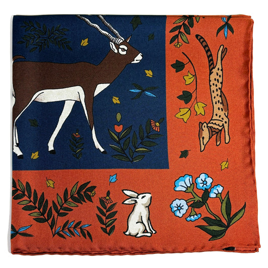 Navy Blue & Orange Gazelle Motif Ancient Madder Silk Pocket Square