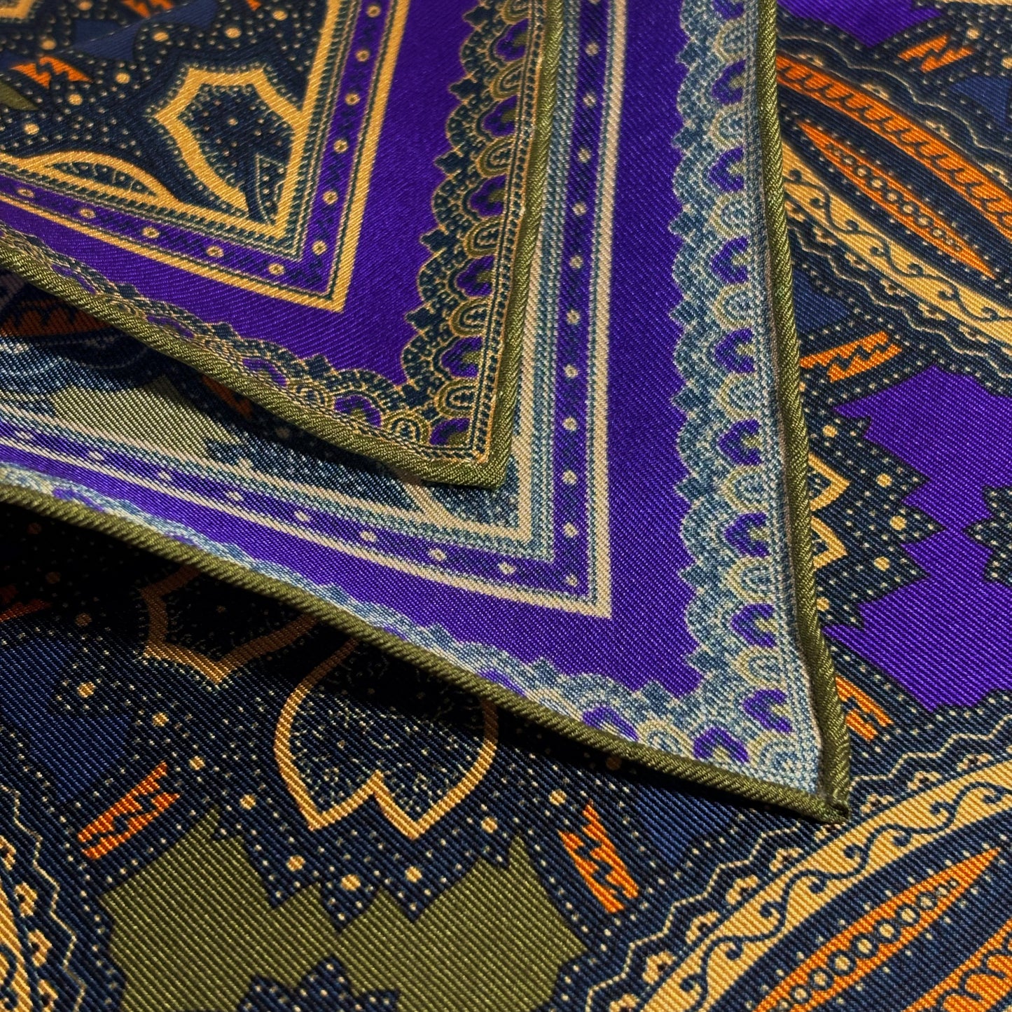 Olive Green & Royal Purple Large Medallion Silk Pocket Square