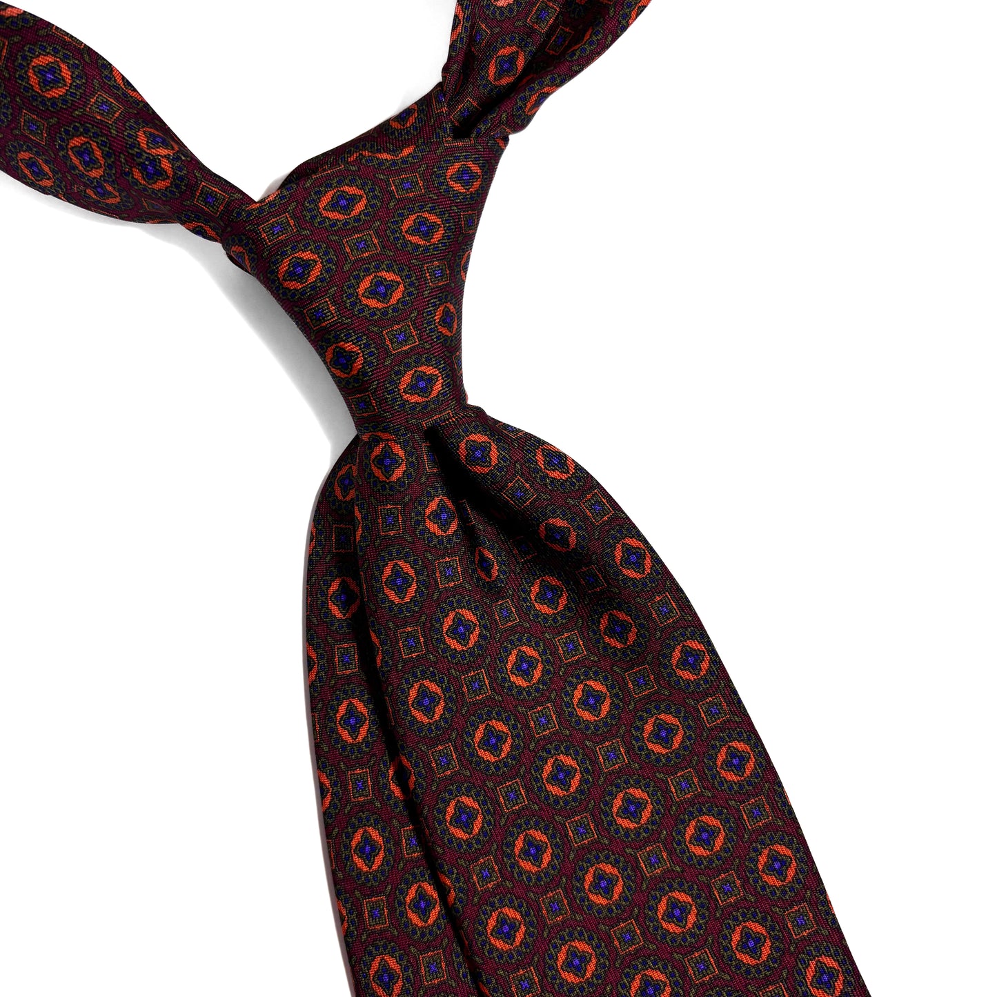Hand-Printed Burgundy & Green Geometric Ancient Madder Silk Tie