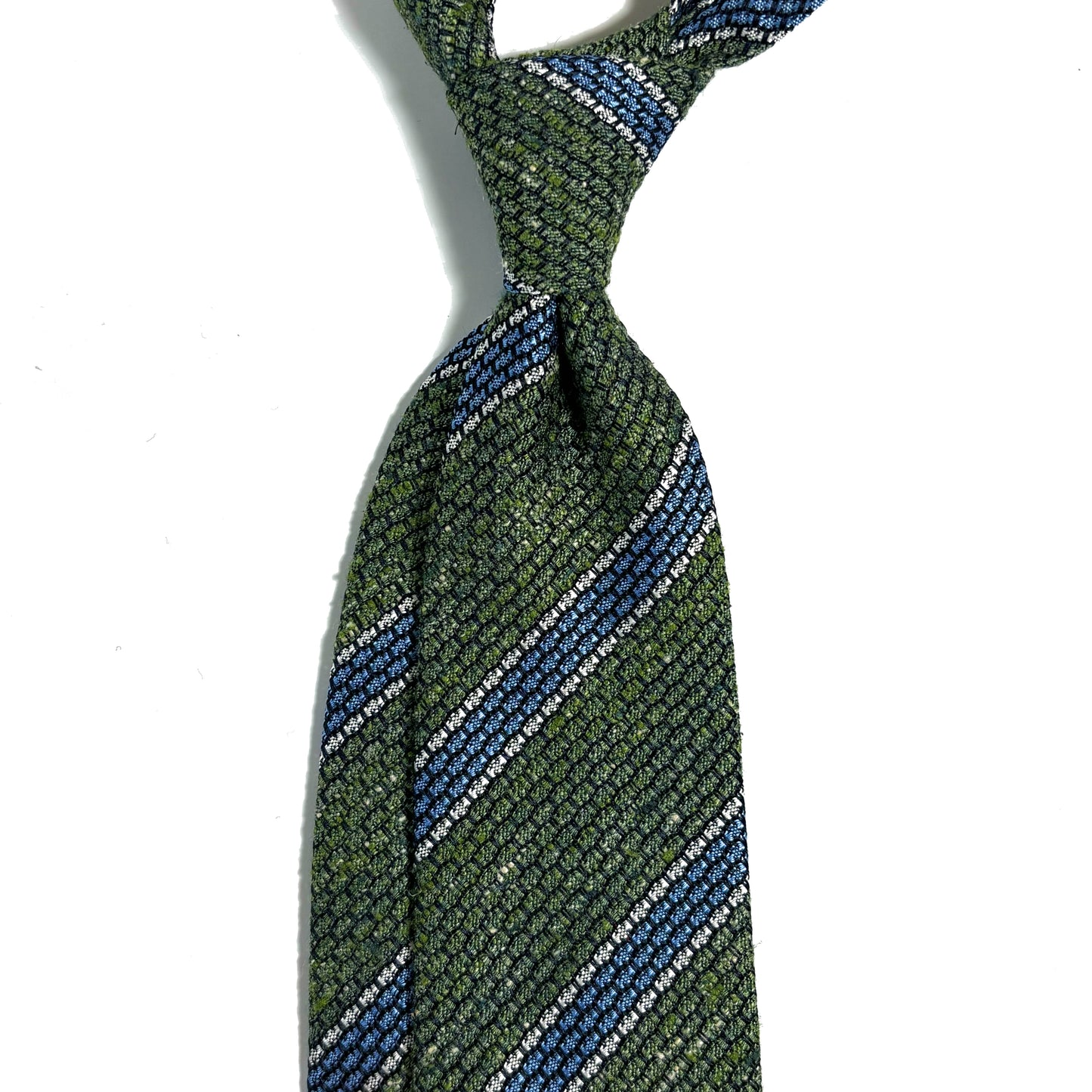 Green & Light Blue Striped Tussah Jaspe Silk Grenadine Tie (Garza Grossa)