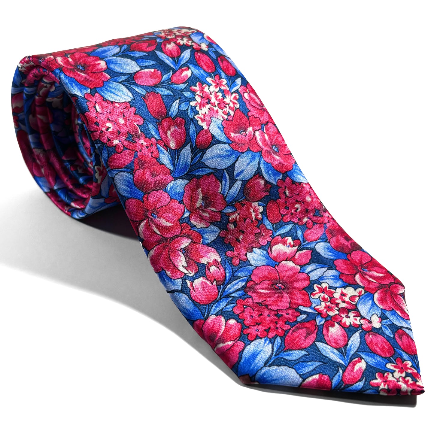 Red & Blue Floral Motif Silk Satin Tie