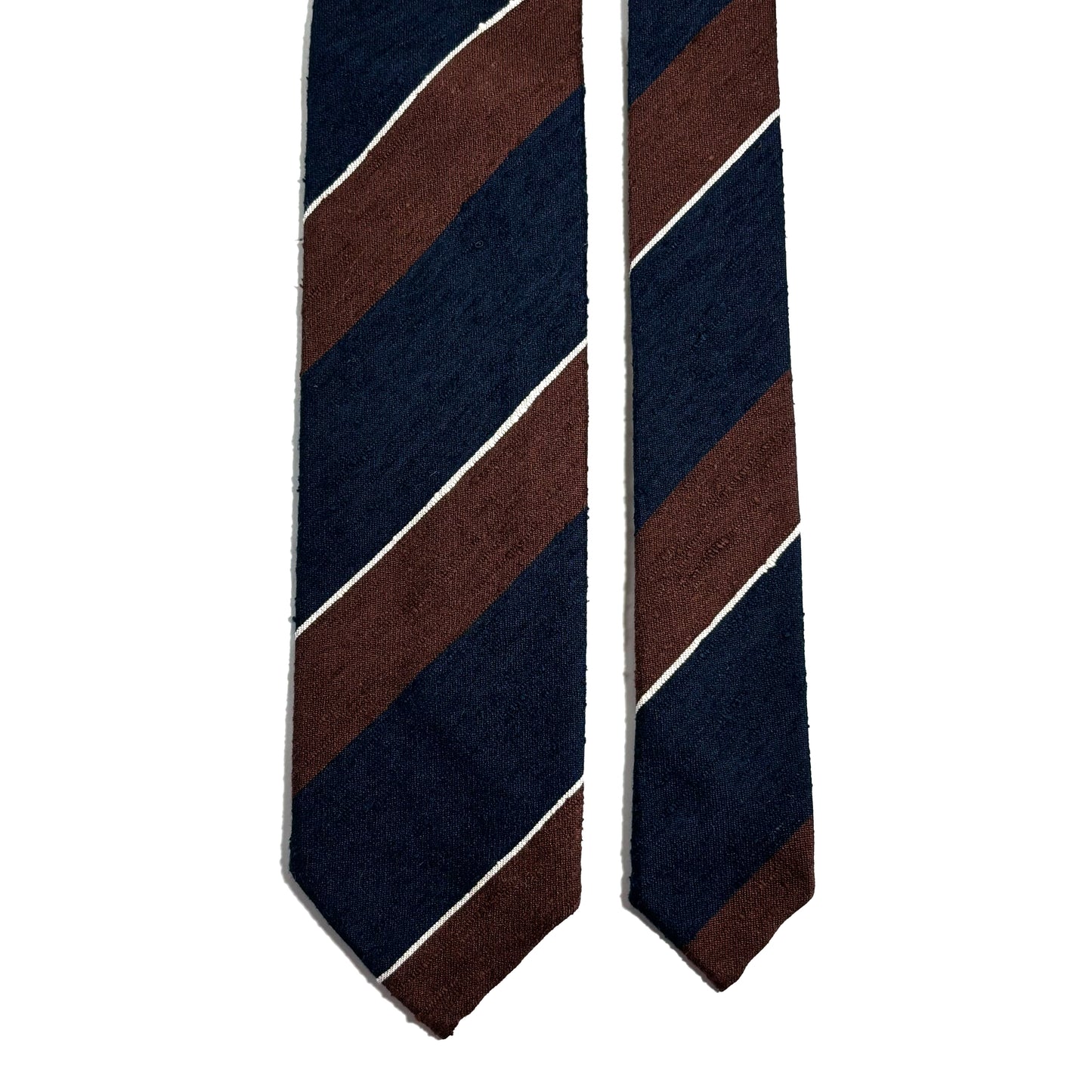 Untipped Navy Blue & Brown Block Stripe Silk Shantung Tie