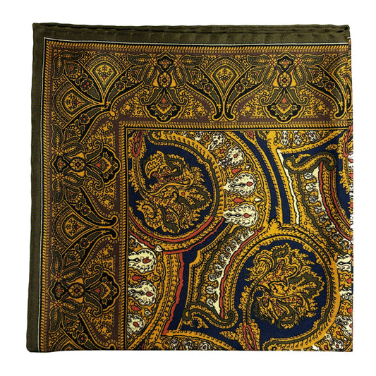 Gold & Olive Green Medallion Silk Pocket Square