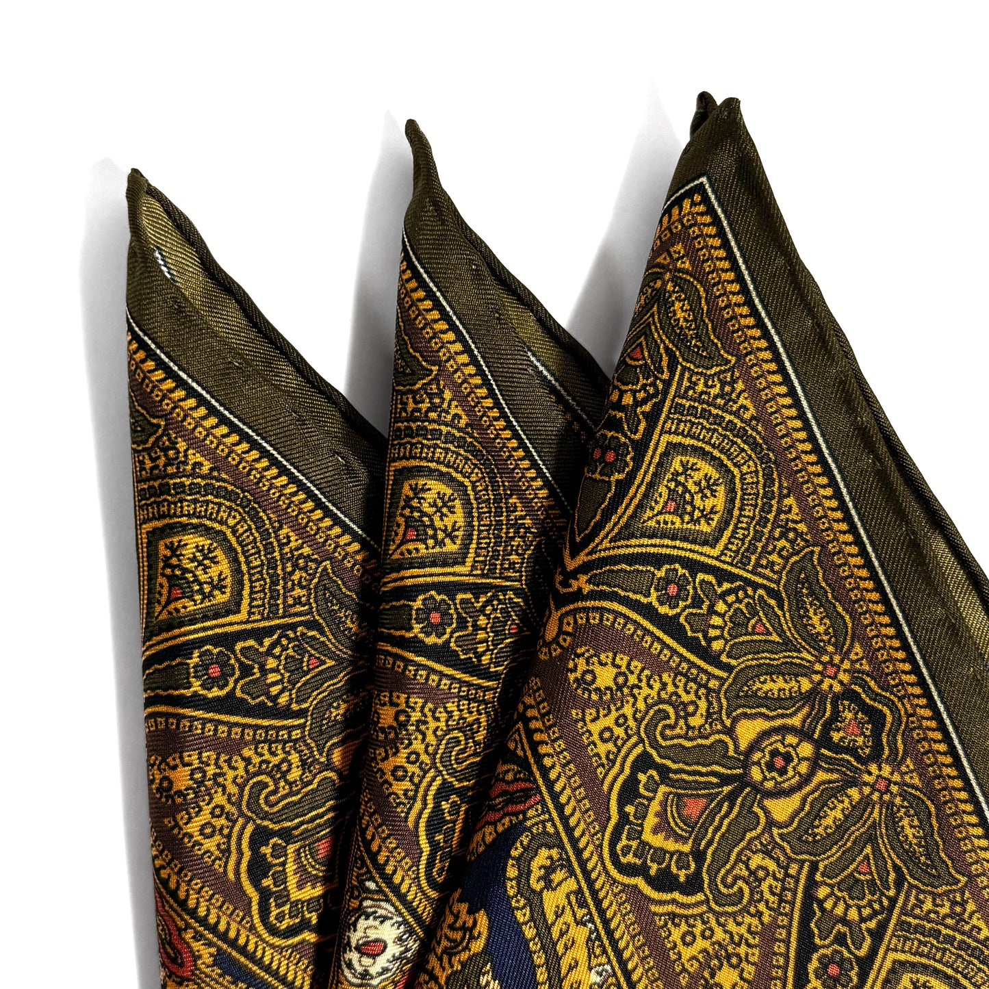 Gold & Olive Green Medallion Silk Pocket Square