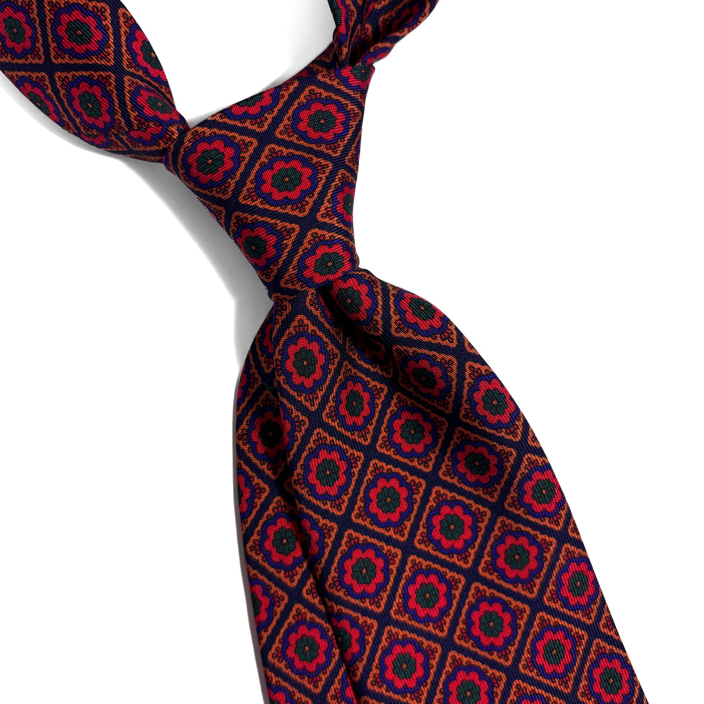 Hand-Printed Navy Blue & Red Geometric Floral Ancient Madder Silk Tie