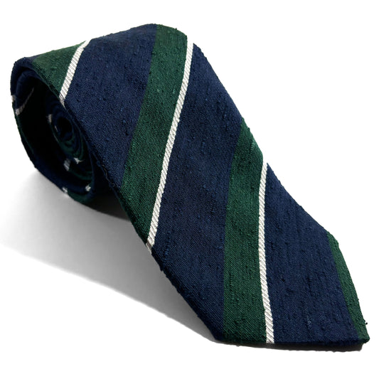 Navy Blue & Green Yellow Striped Silk Shantung Tie
