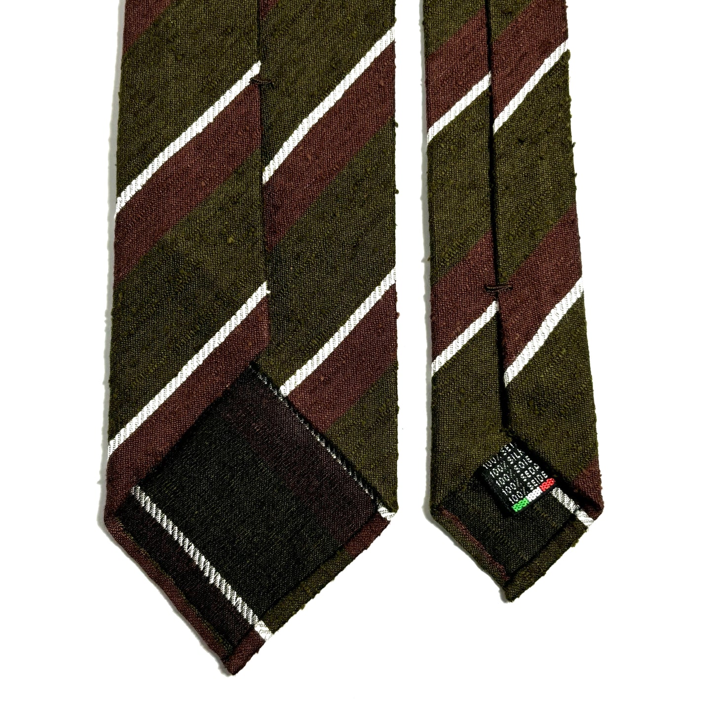 Untipped Olive Green / Brown Striped Silk Shantung Tie