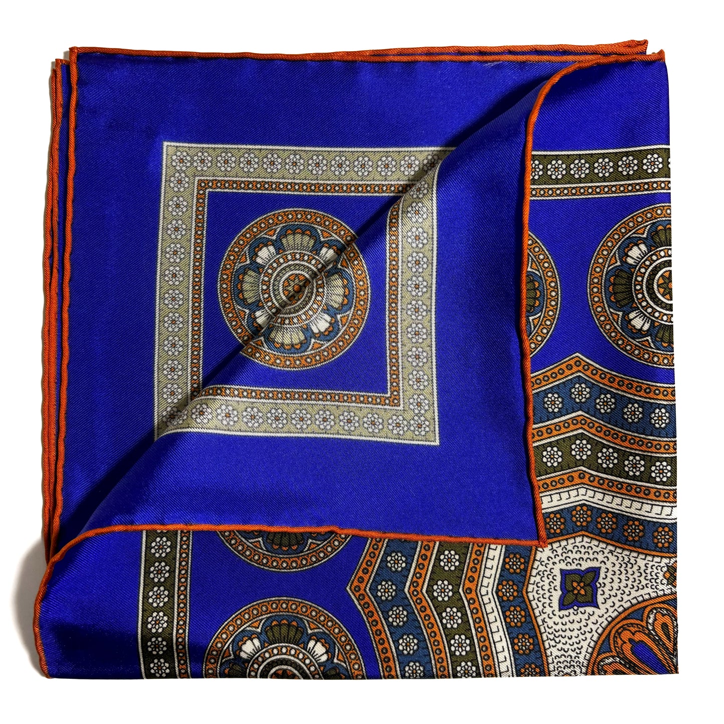 Regal Indigo & Orange Medallion Silk Pocket Square