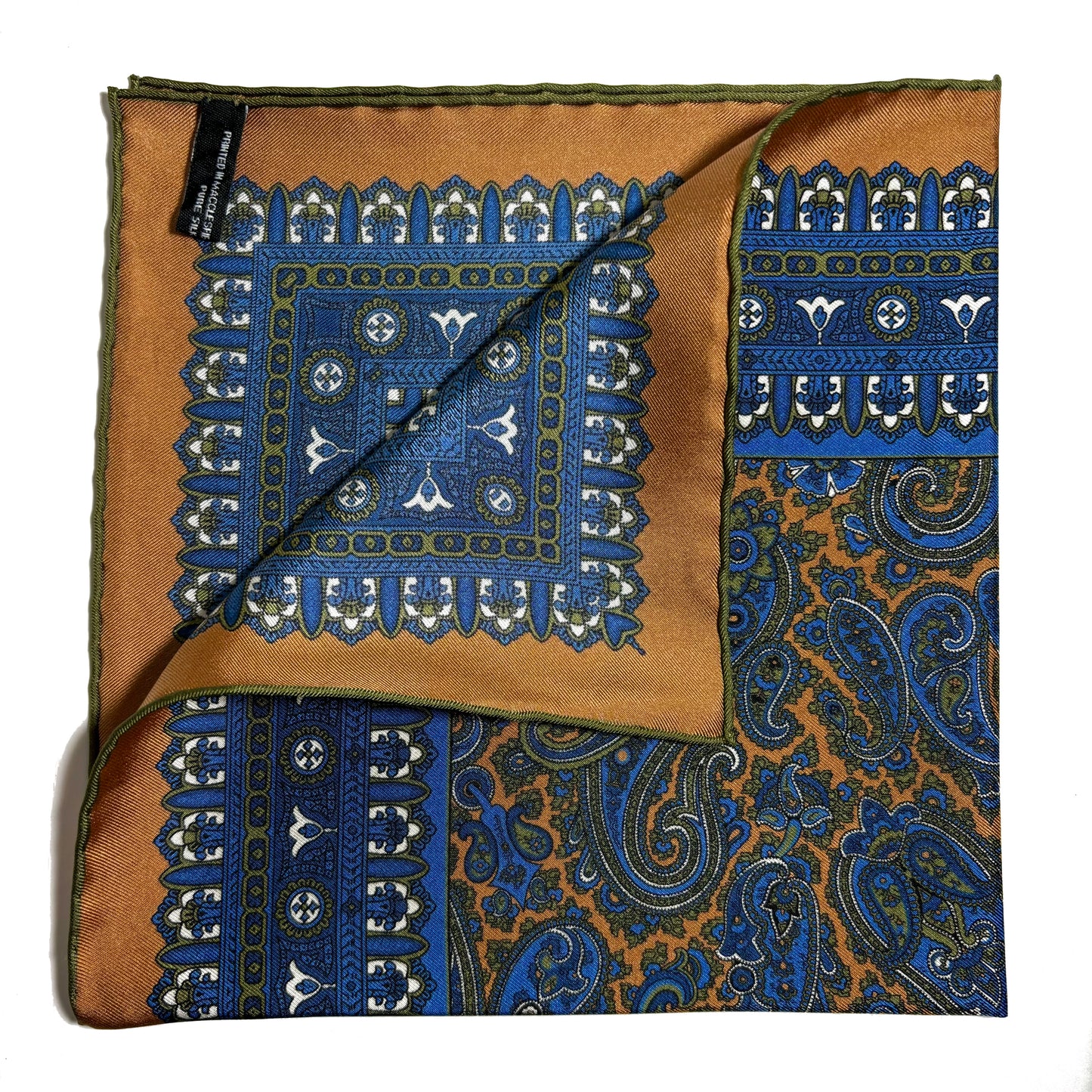 Honey Orange & Blue Paisley Silk Pocket Square