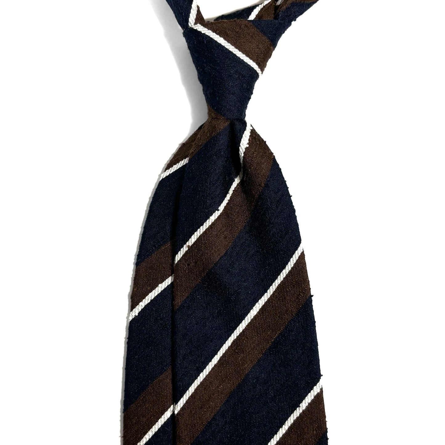 Untipped Navy Blue / Brown Striped Silk Shantung Tie