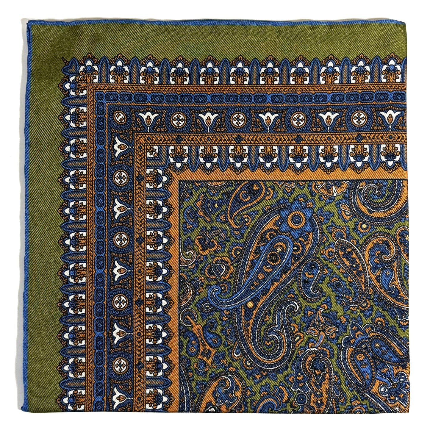 Olive Green & Orange Paisley Silk Pocket Square
