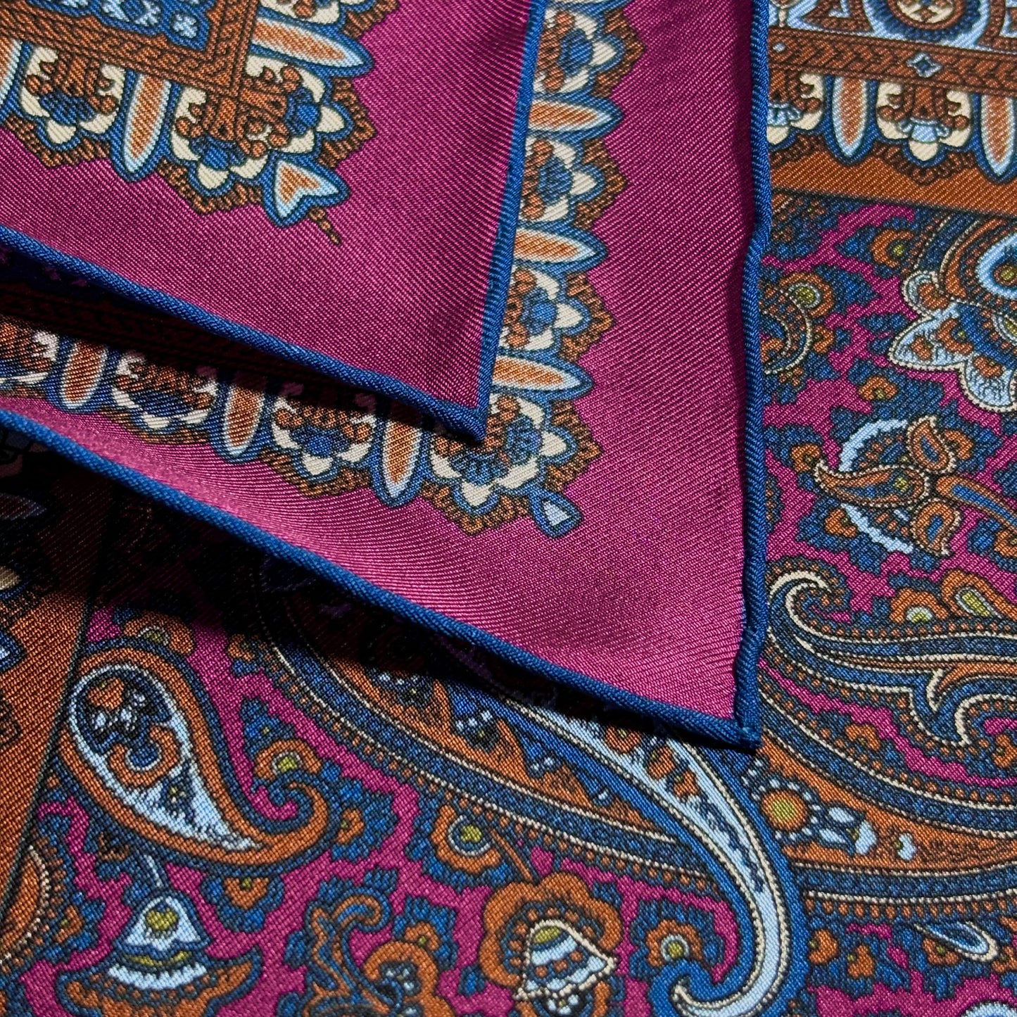 Magenta & Navy Blue Paisley Silk Pocket Square