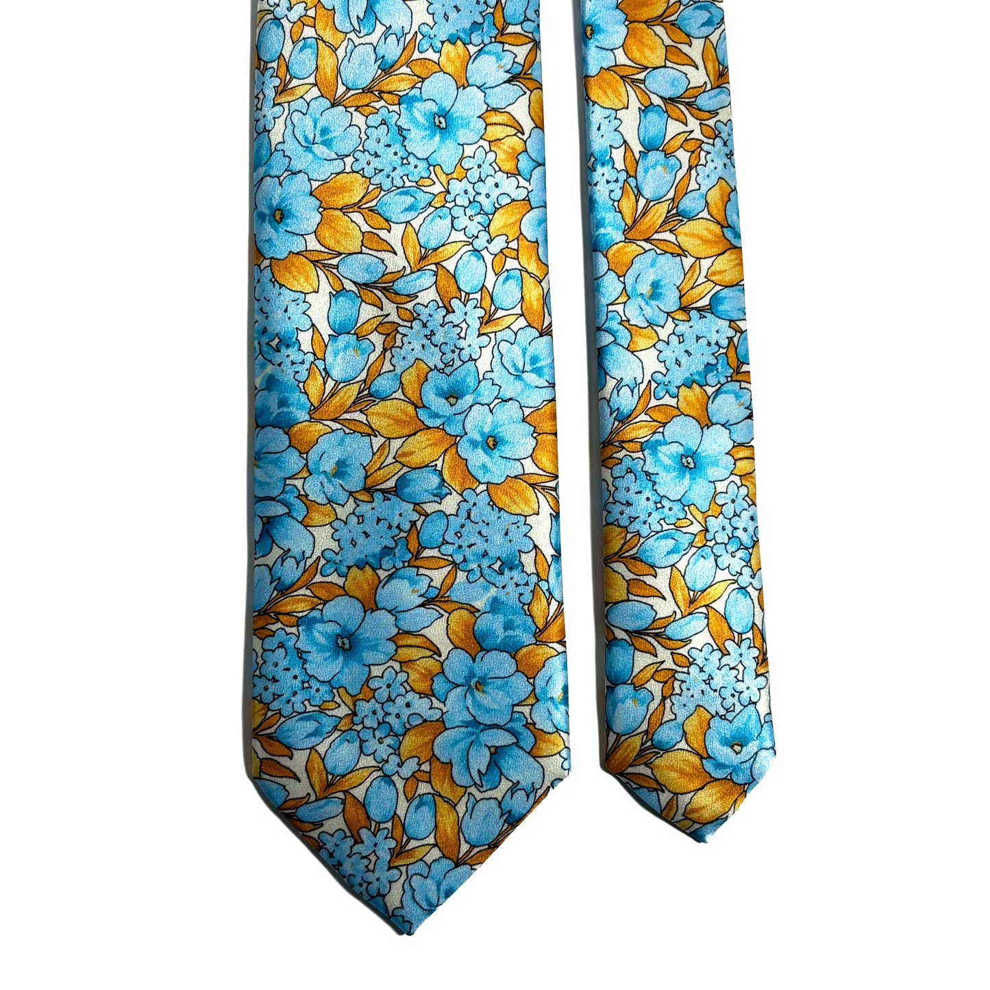 Light Blue & Gold Floral Motif Silk Satin Tie