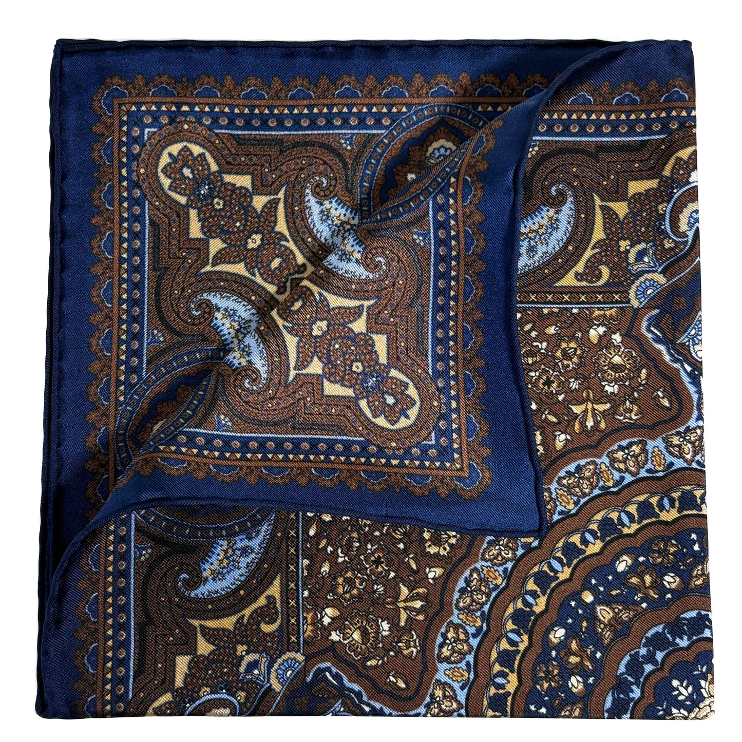 Navy Blue & Brown Floral Medallion Ancient Madder Silk Pocket Square