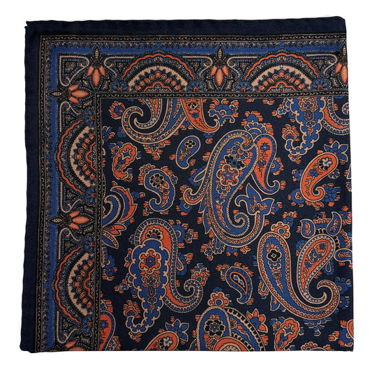 Navy Blue & Orange Paisley Ancient Madder Silk Pocket Square