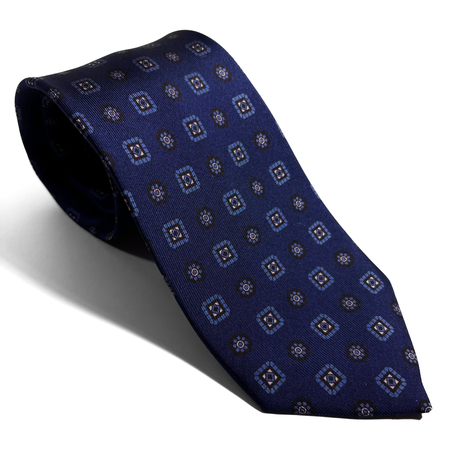 Seven Fold Navy Blue Geometric Printed Silk Tie