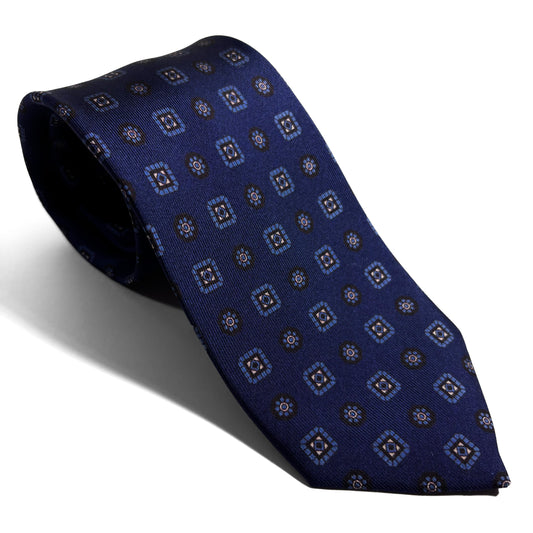 Seven Fold Navy Blue Geometric Printed Silk Tie