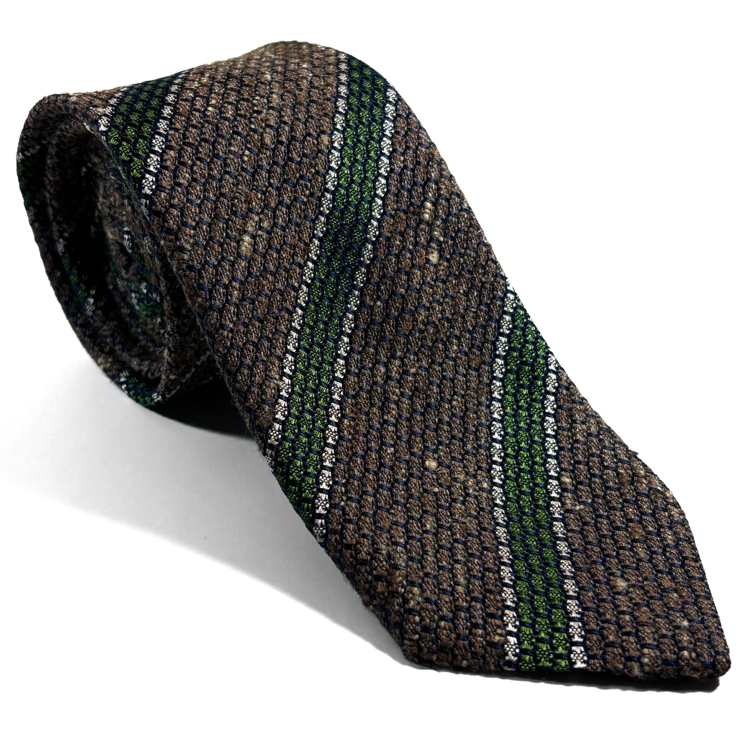 Brown & Green Striped Tussah Jaspe Silk Grenadine Tie (Garza Grossa)