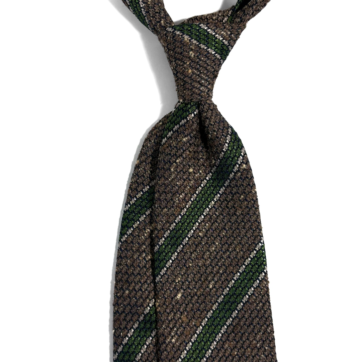 Brown & Green Striped Tussah Jaspe Silk Grenadine Tie (Garza Grossa)