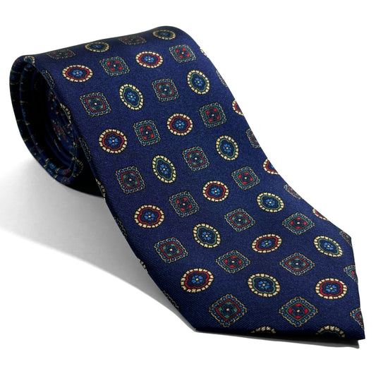 Navy Blue Geometric Medallion Silk Tie