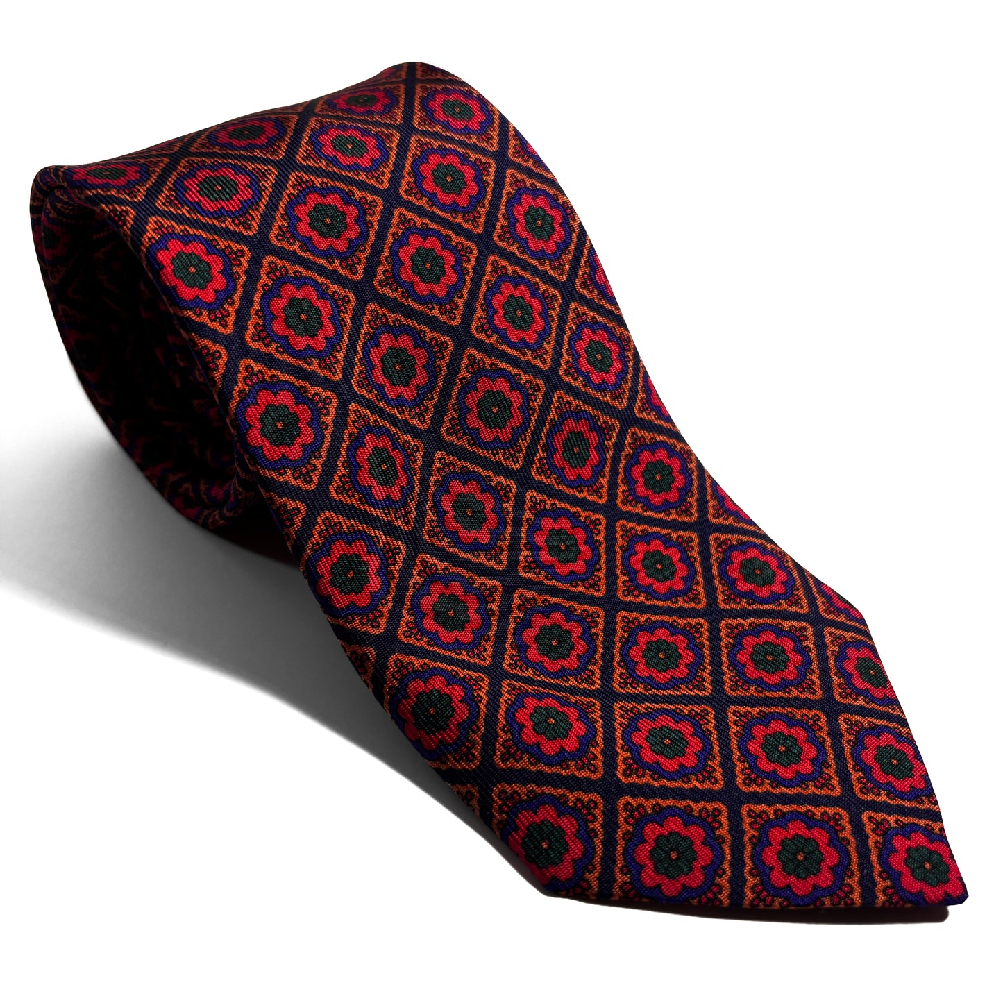 Hand-Printed Navy Blue & Red Geometric Floral Ancient Madder Silk Tie