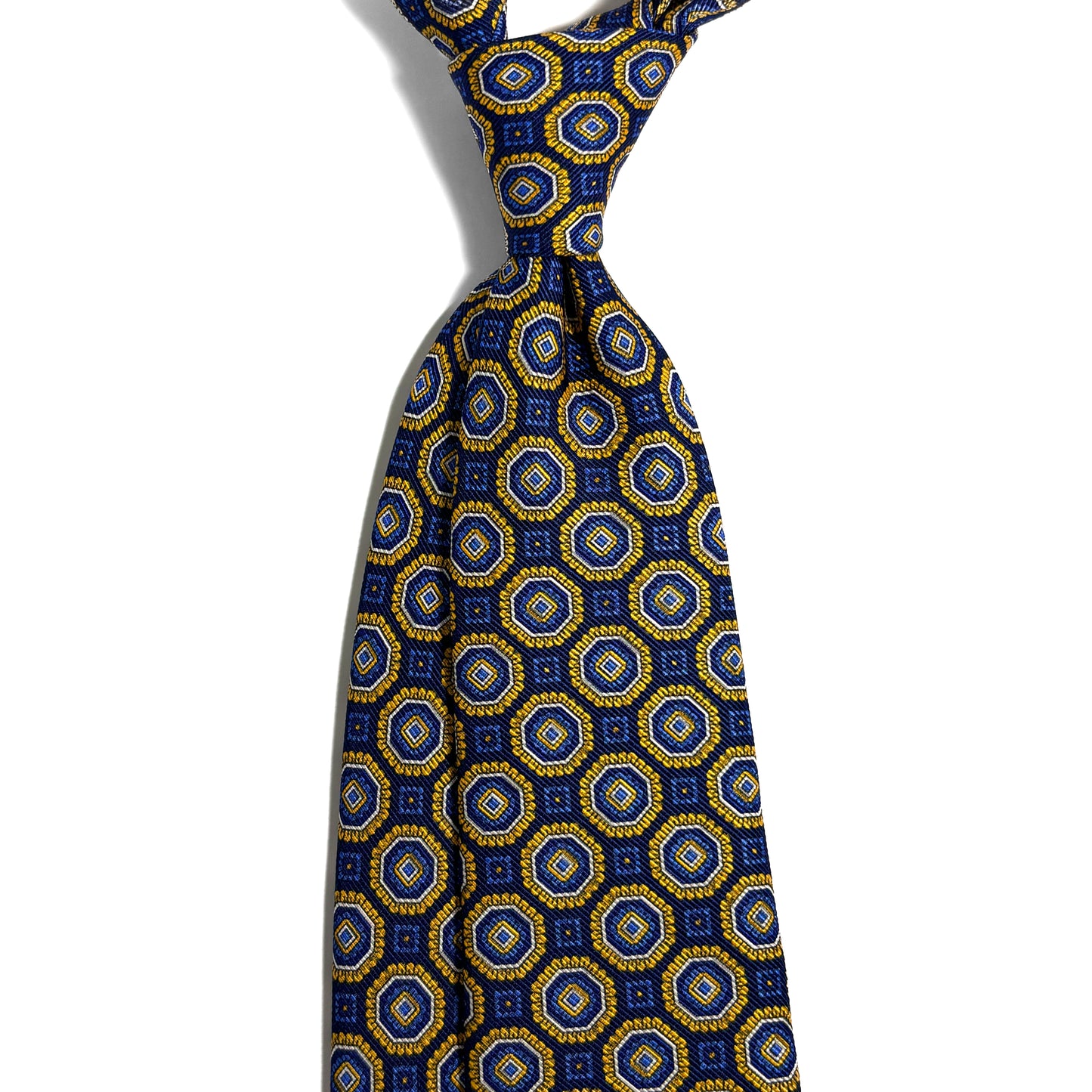 Navy Blue & Yellow Floral Medallion Silk Tie (Handmade in Italy)