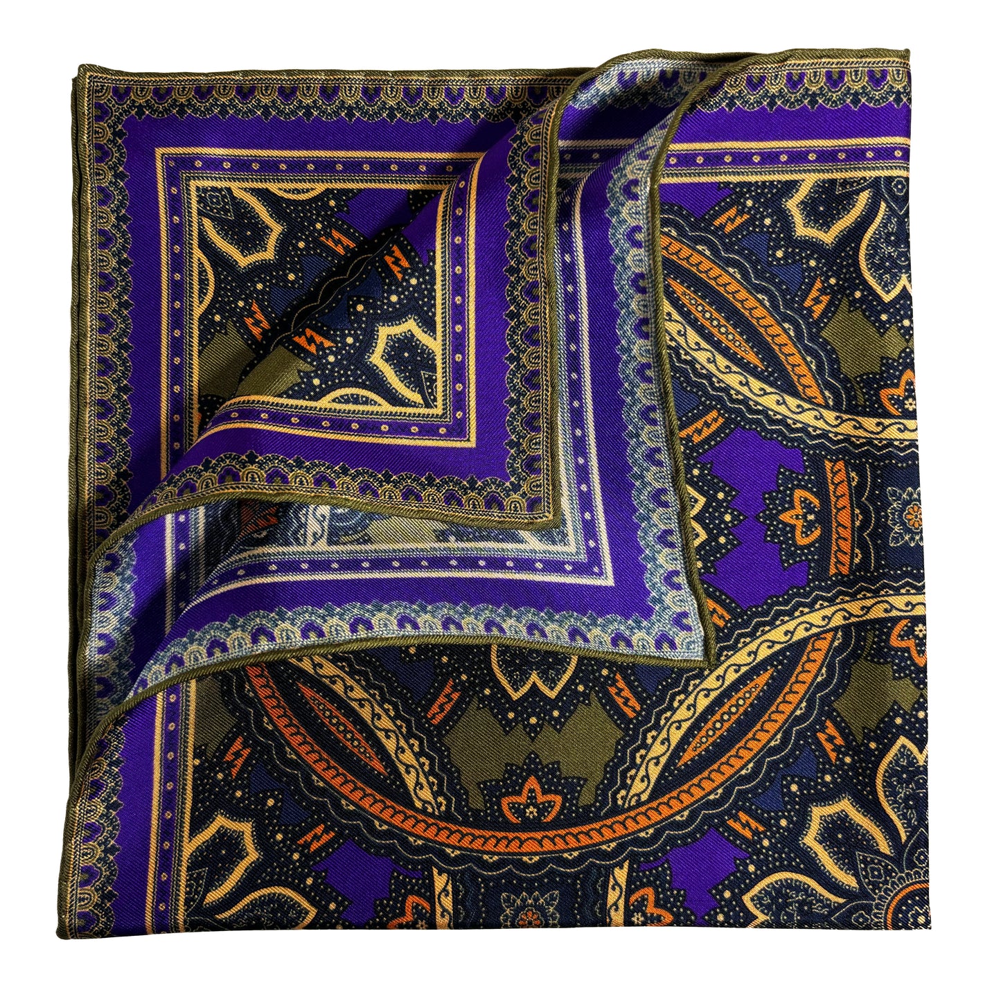 Olive Green & Royal Purple Large Medallion Silk Pocket Square