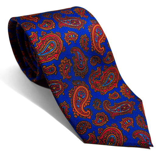 Royal Blue / Orange Paisley Printed Silk Twill Tie