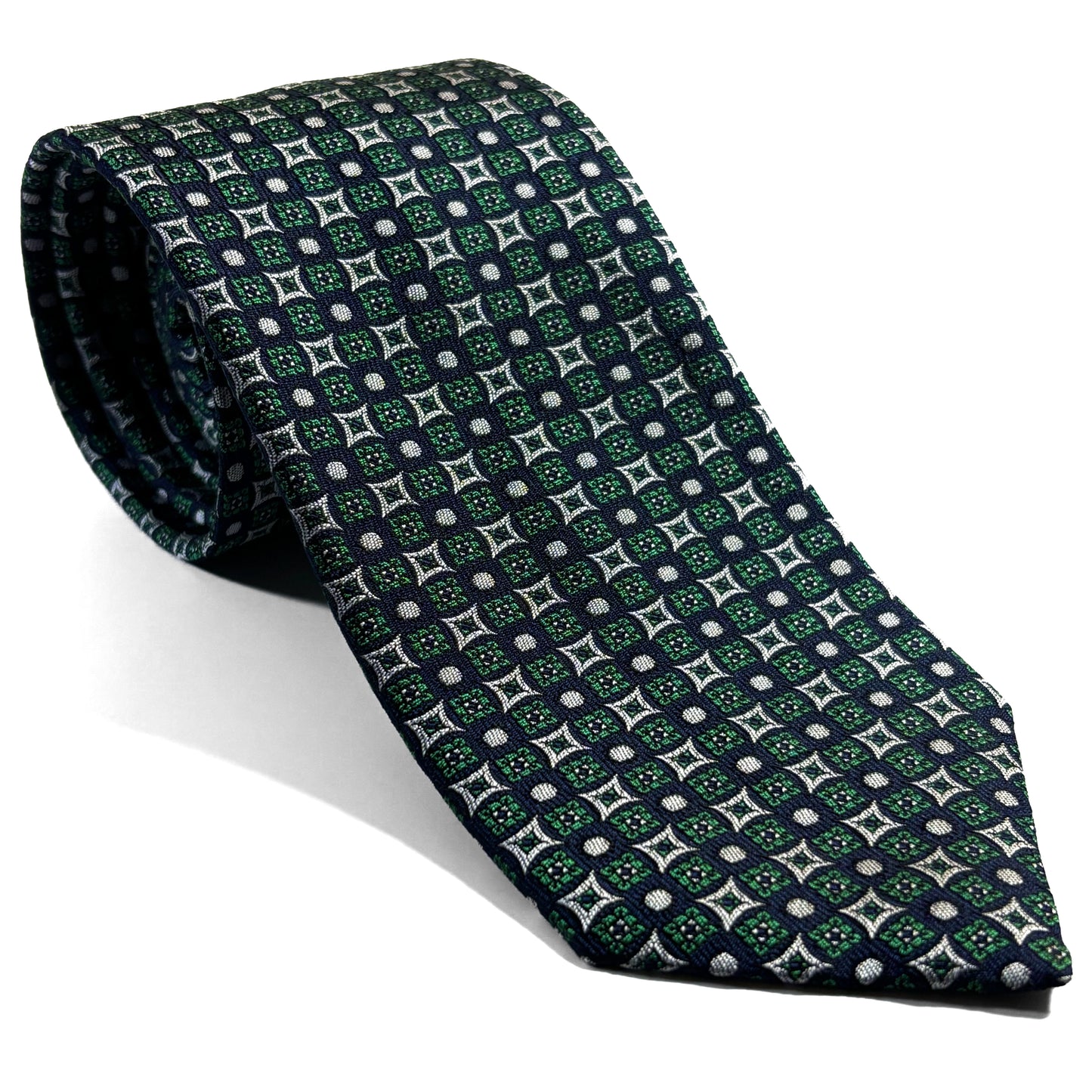 Navy Blue & Green Geometric Jacquard Silk Tie