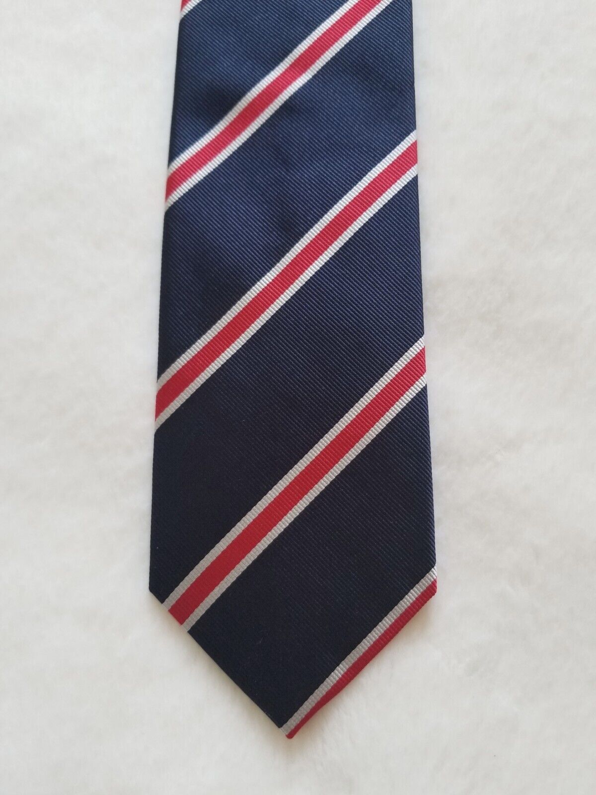 Navy Blue English Silk Repp Tie w/ Red & White Stripes