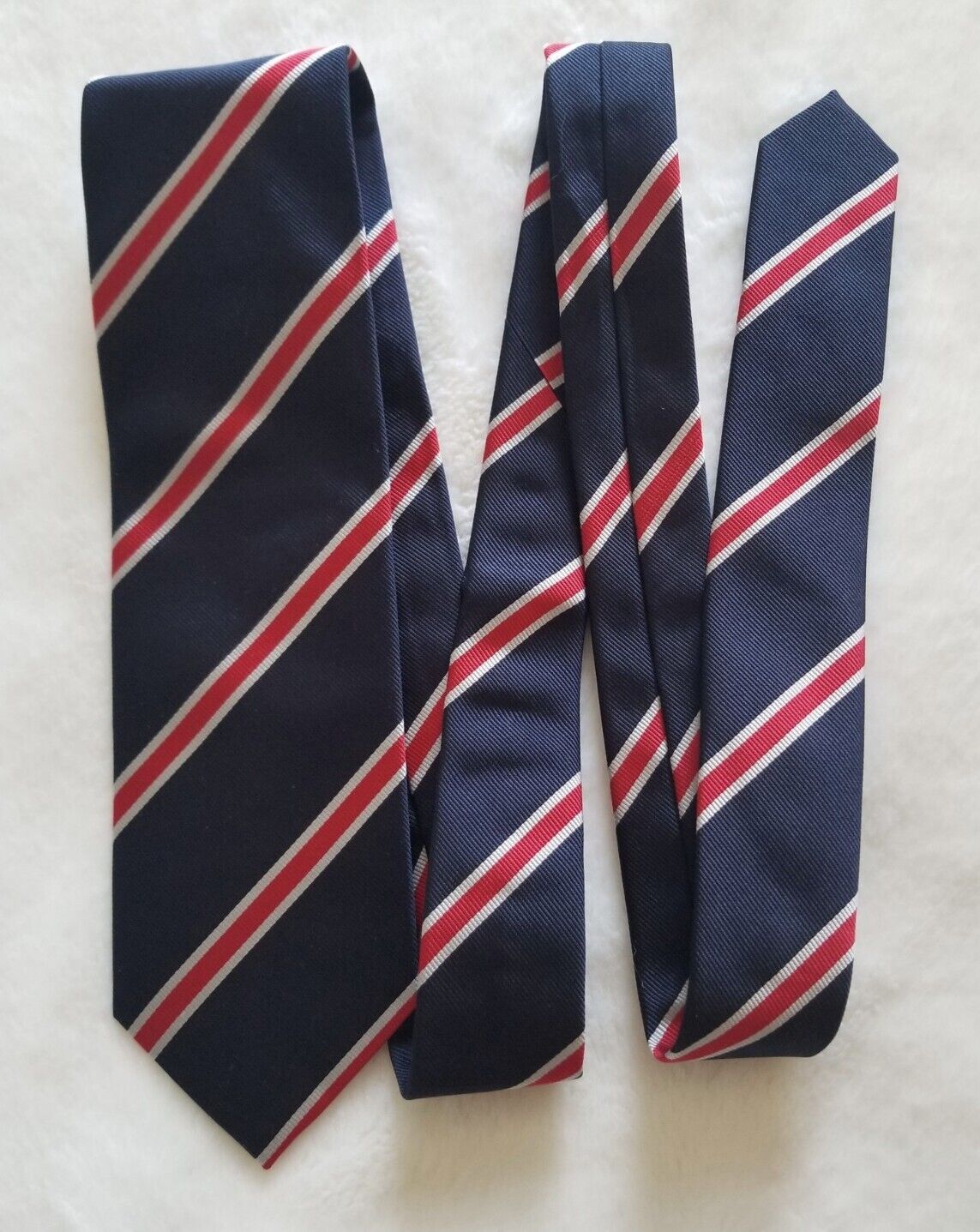 Navy Blue English Silk Repp Tie w/ Red & White Stripes