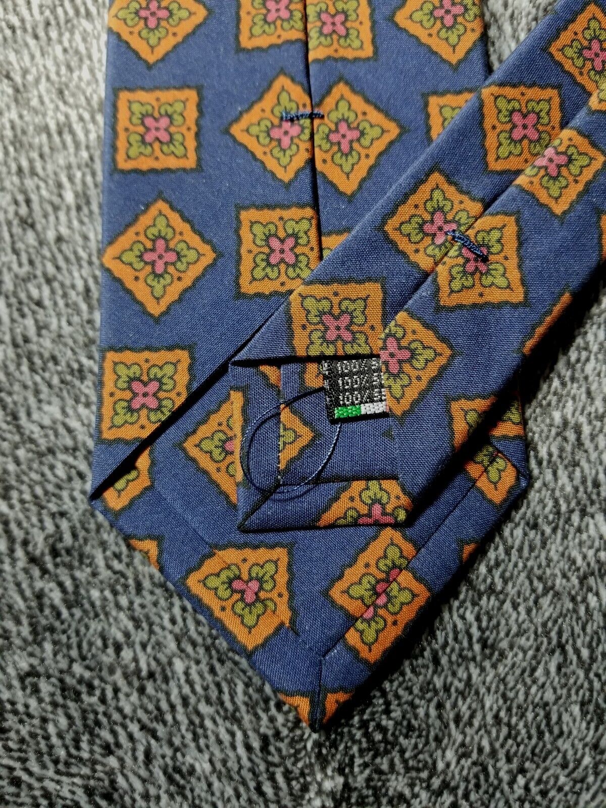 Navy Blue & Orange Geometric Ancient Madder Silk Tie (Handmade in Italy)
