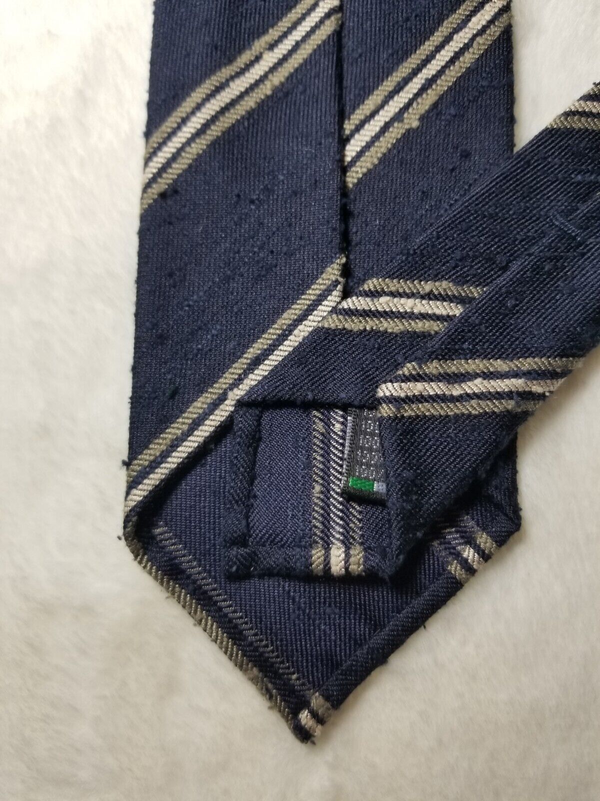 Navy Blue Untipped Shantung Silk Tie w/ Silver Stripes (Handmade in Italy)