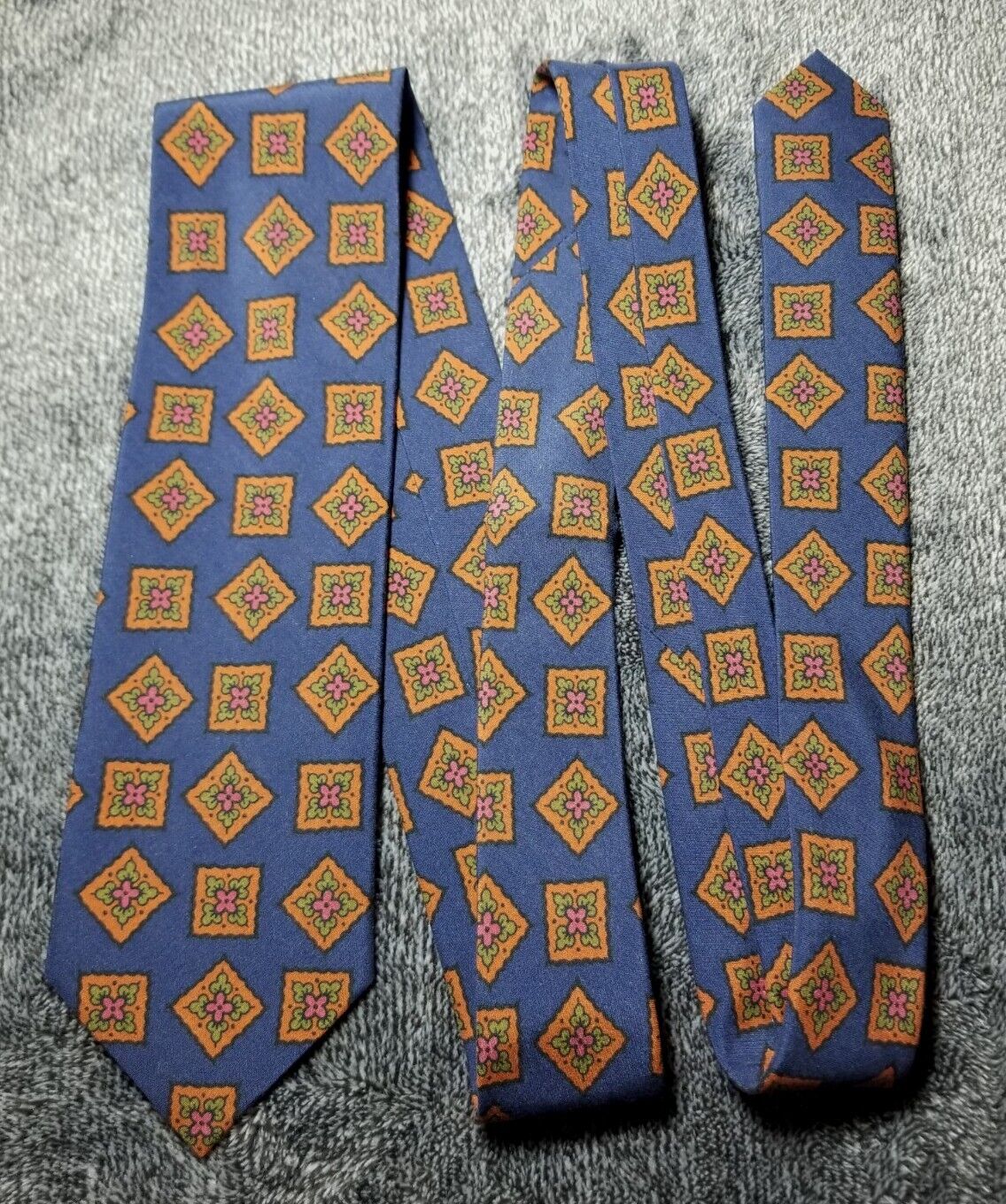 Navy Blue & Orange Geometric Ancient Madder Silk Tie (Handmade in Italy)