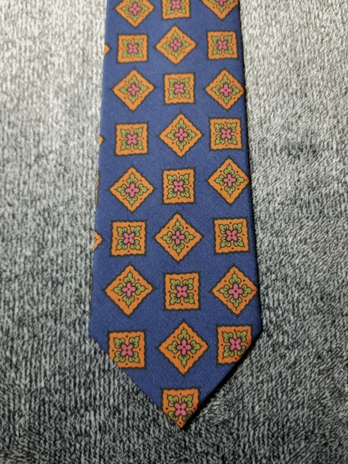 Navy Blue & Orange Geometric Ancient Madder Silk Tie (Handmade in Italy)