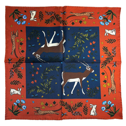 Navy Blue & Orange Gazelle Motif Ancient Madder Silk Pocket Square