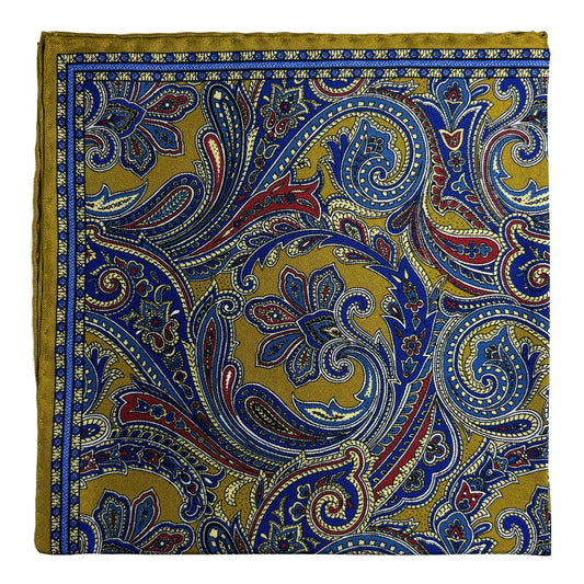 Golden Olive Green Paisley Silk Pocket Square