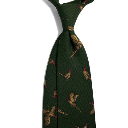 Forest Green Pheasant Print Italian Madder Silk Tie