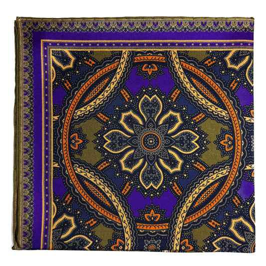 Olive Green & Royal Purple Large Medallion Silk Pocket Square