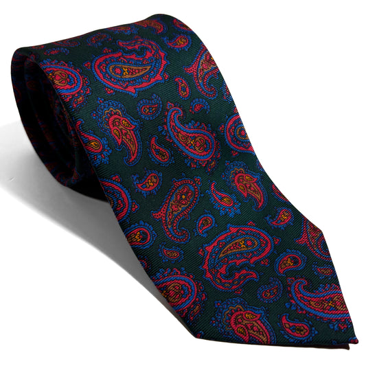 Hand-Printed Forest Green Paisley Silk Tie